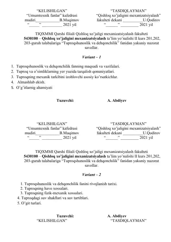 Tuproqshunoslik va dehqonchilik fanidan yakuniy nazorat savollari