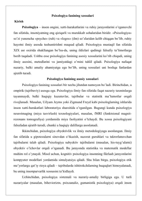 Psixologiya fanining xossalari