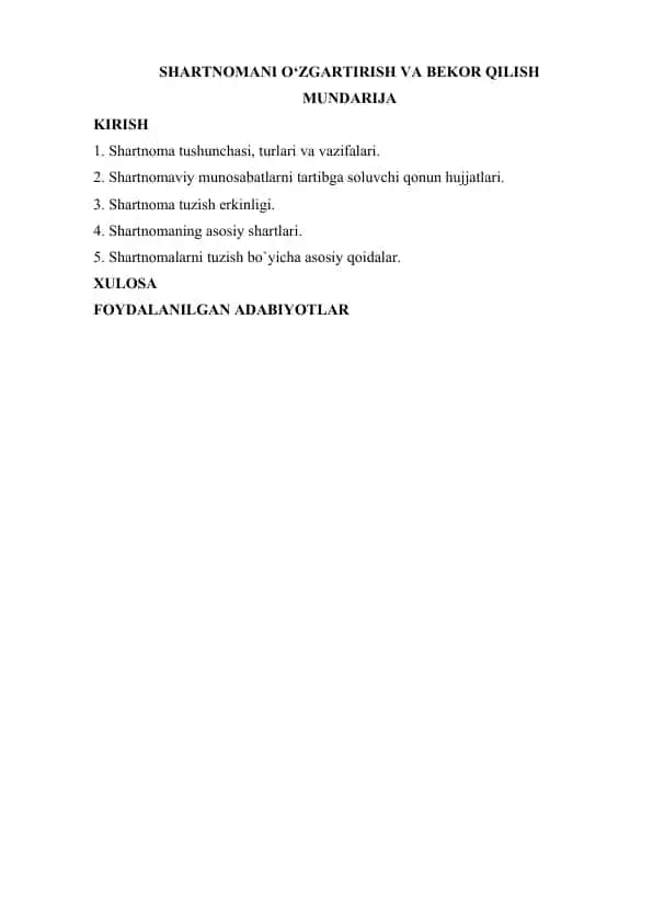 Shartnomani O‘zgartirish va Bekor qilish