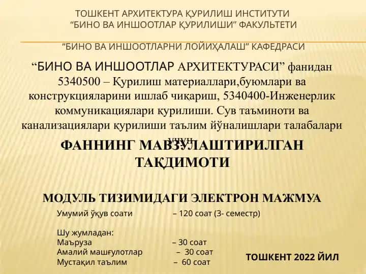Bino va inshootlar arxitekturasi fanining mavzulashgan taqdimoti