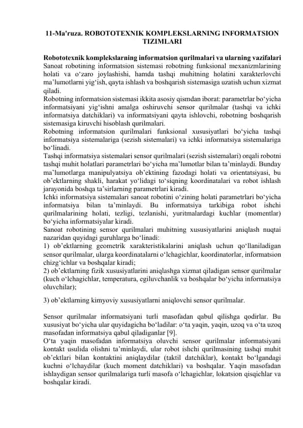 Robototexnik kompleksning informatsion tizimlari