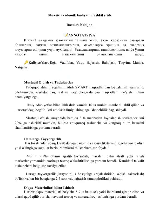 Shaxsiy akademik faoliyatni tashkil etish