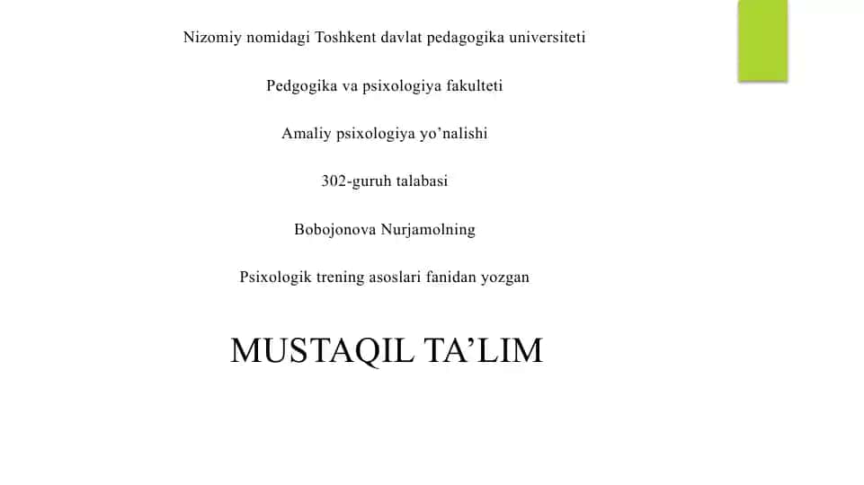 Psixologik Trening mashg’ulot
