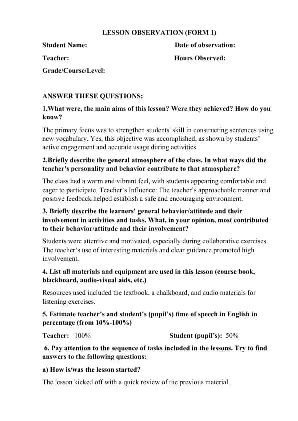 Lesson Observation (Form 1)