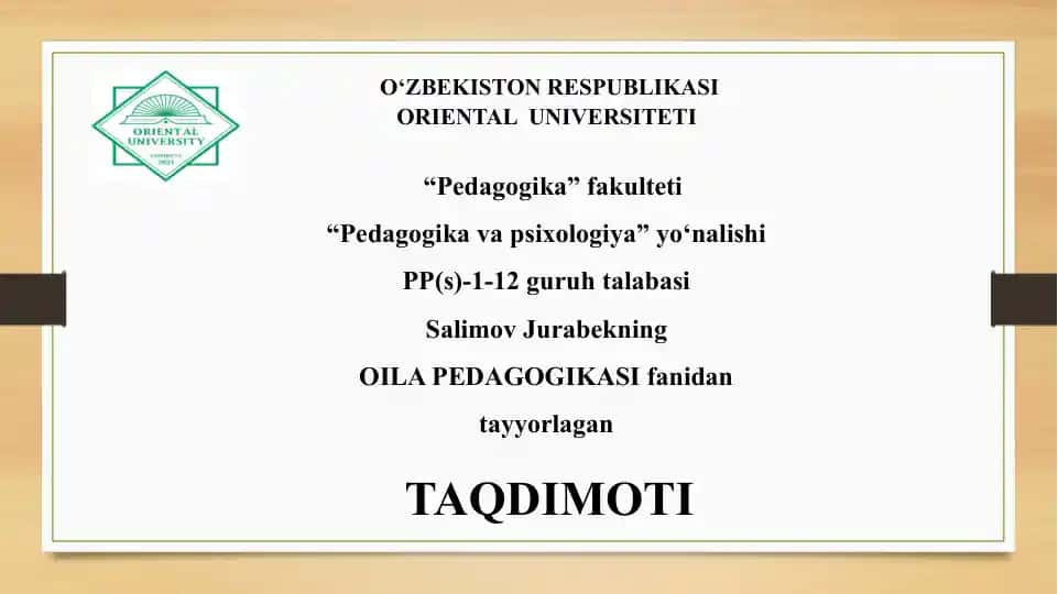O‘zbekistonda oila pedagogikasi fanining rivojlanishi tarixi