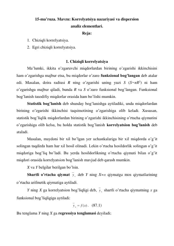Korrelyatsiya nazariyasi va dispersion analiz elementlari