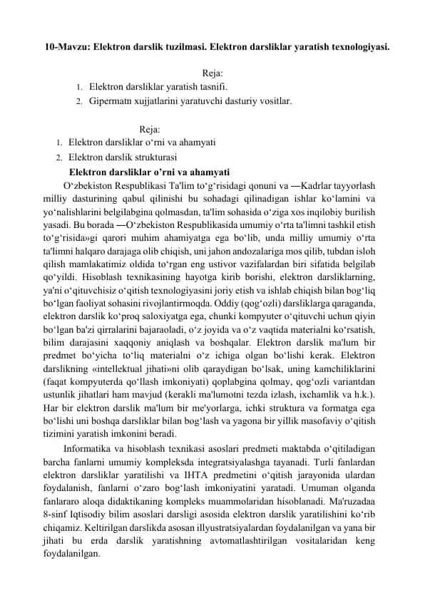 Elektron darsliklar yaratish tеxnologiyasi