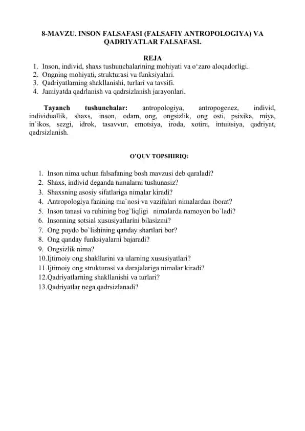 Inson Falsafasi (Falsafiy Antropologiya) va Qadriyatlar Falsafiya