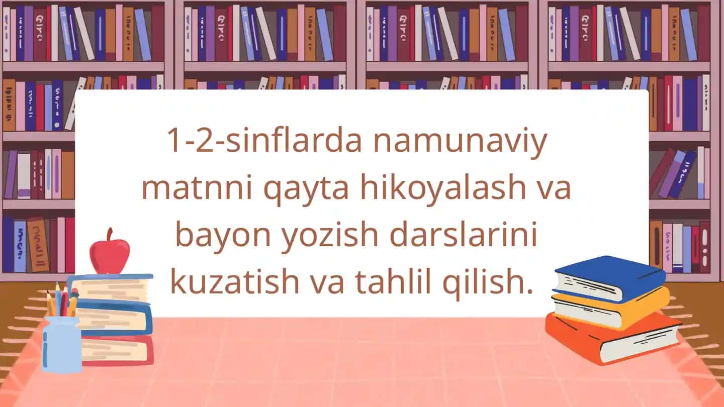 1-2-sinflarda namunaviy matnni qayta hikoyalash va bayon yozish darslarini kuzatish va tahlil qilish