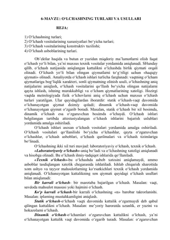 O‘LCHASHNING TURLARI VA USULLARI