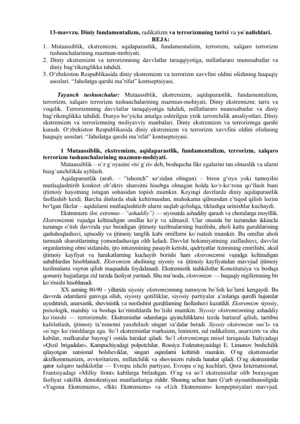 Diniy fundamentalizm, radikalizm va terrorizmning tarixi va yo`nalishlari