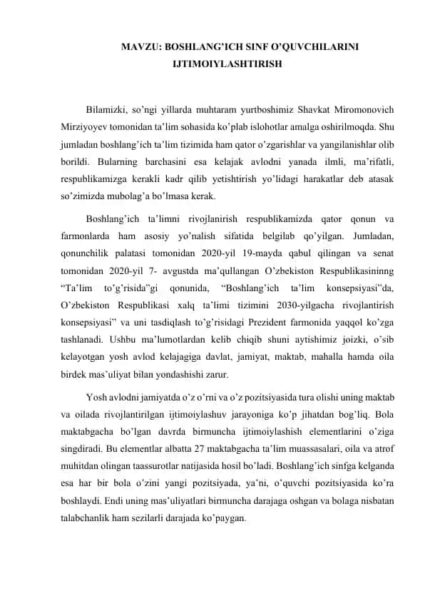 Boshlang’ich ta’limni rivojlanish