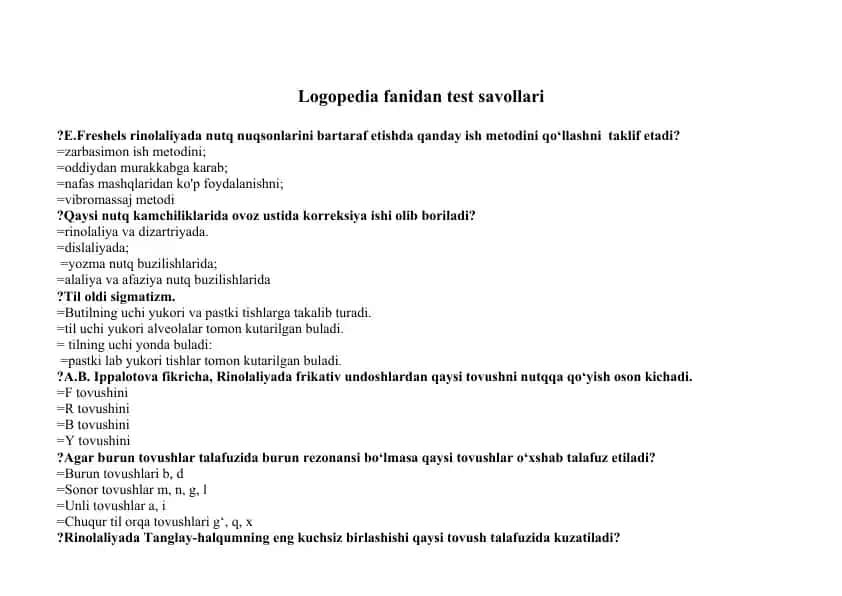 Logopedia fanidan test savollari