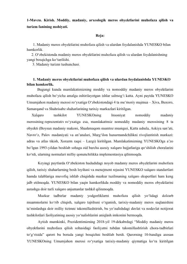 Moddiy va madaniy meros obyektlarini muhofaza qilish va turizm fanining mohiyati