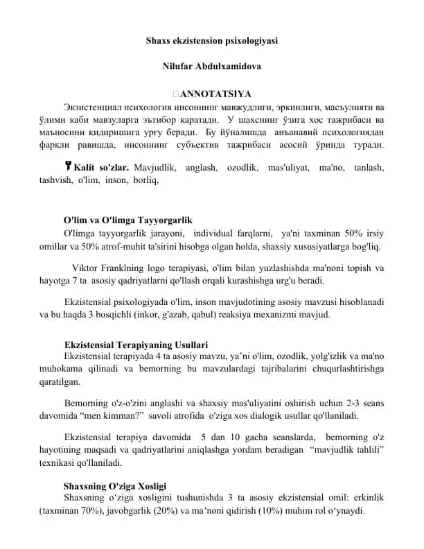 Shaxs ekzistension psixologiyasi