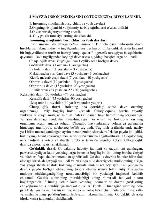 İnson psixikasini ontogenezda rivojlanishi