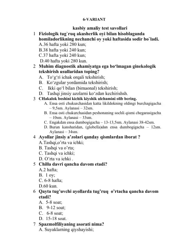 Kasbiy amaliy test savollari