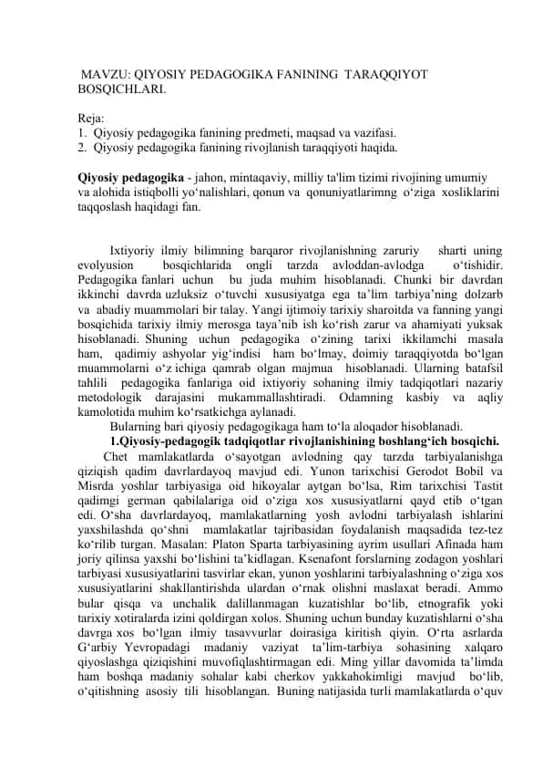 Qiyosiy Pedagogika Fanining Taraqqiyot