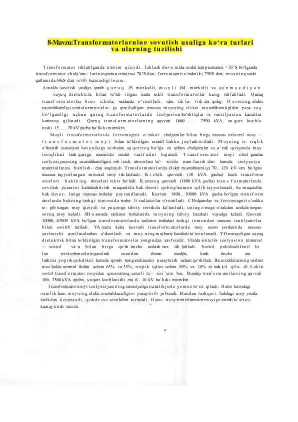 Transformatorlarning sovutish usuliga ko‘ra turlari va ularning tuzilishi
