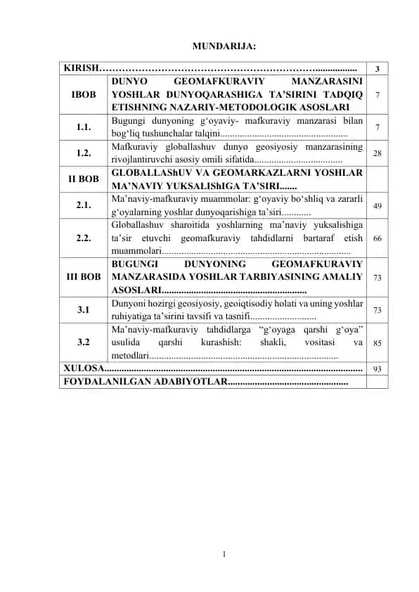 Dunyoning geomafkuraviy manzarasi va yoshlar dunyoqarashiga ta’siri (bitiruv malakaviy ishi)