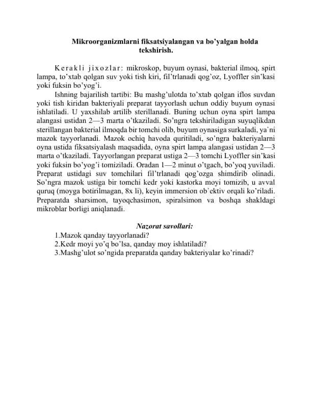 Mikrооrganizmlarni fiksatsiyalangan va bo’yalgan hоlda tekshirish