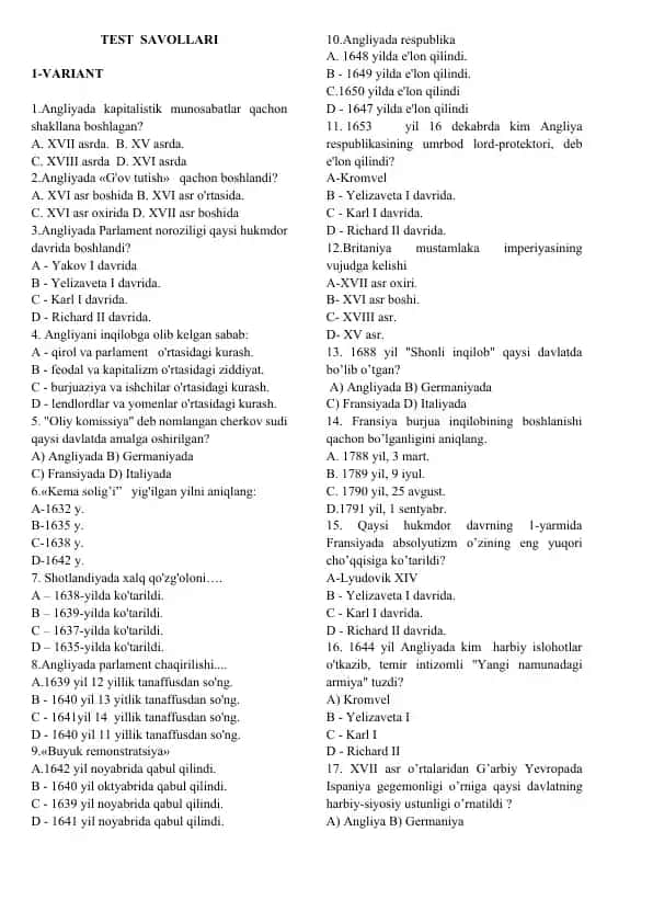 Angliya Tarixi Test Saviyasi
