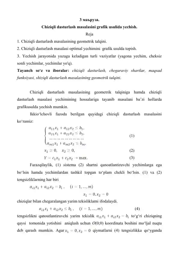 Chiziqli dasturlash masalasi grafik usulda yechilishi