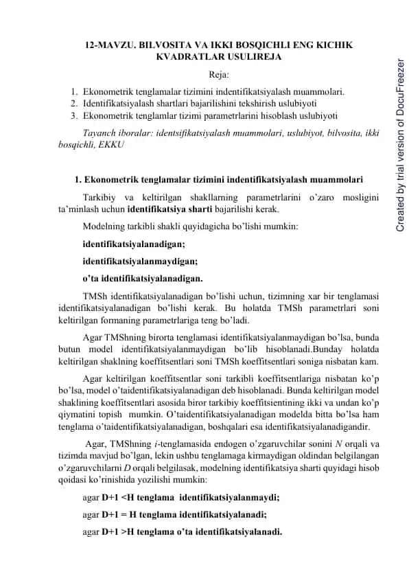 BILVOSITA VA IKKI BOSQICHLI ENG KICHIK KVADRATLAR USULIREJA