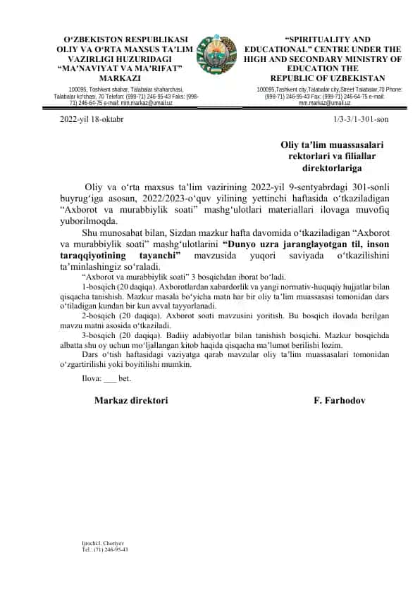 "Axborot va murabbiylik soati"
