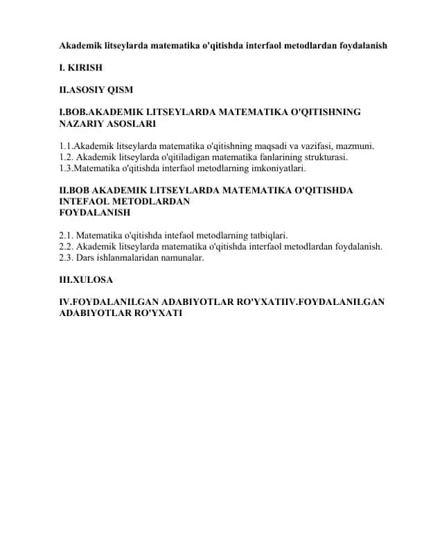 Akademik litseylarda matematika o'qitishda interfaol metodlardan foydalanish