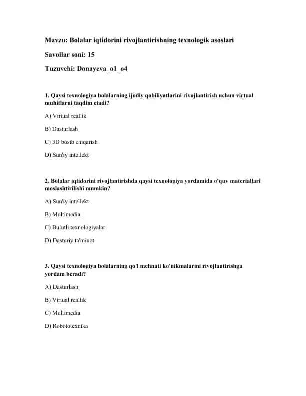 Bolalar iqtidorini rivojlantirishning texnologik asoslari
