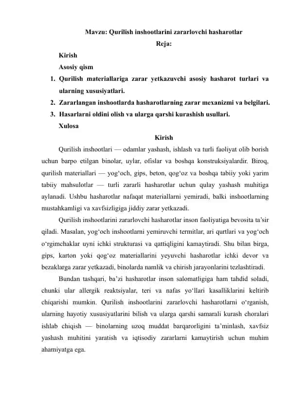 Qurilish inshootlarini zararlovchi hasharotlar