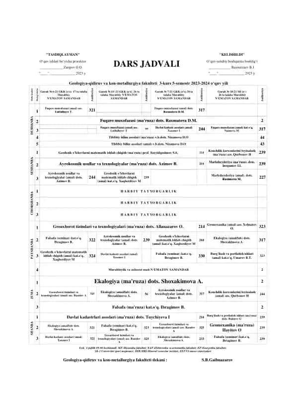 Hafta kunlari mashg‘ulotlari