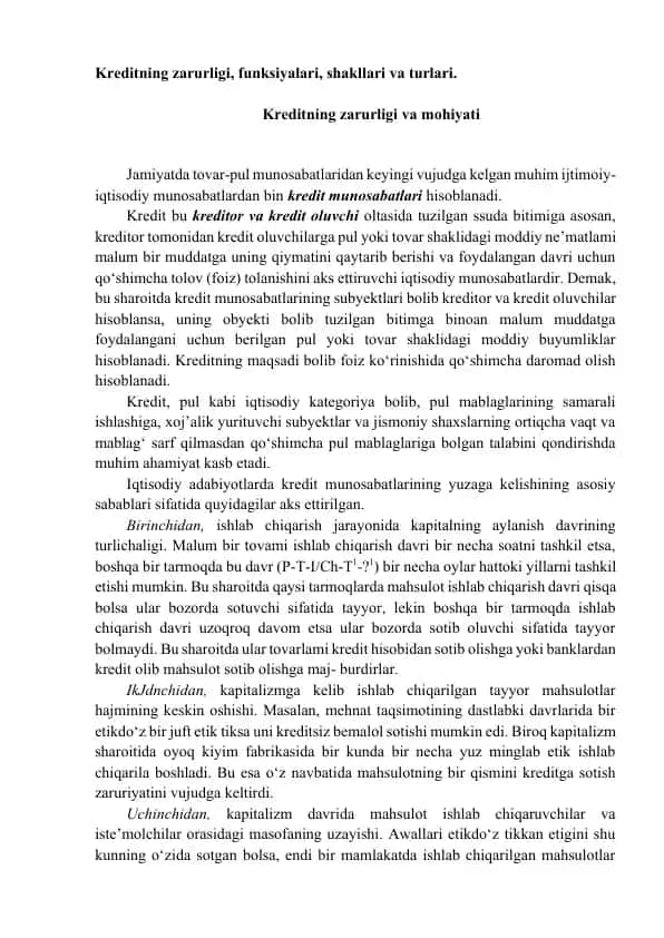 Kreditning zarurligi, funksiyalari, shakllari va turlari
