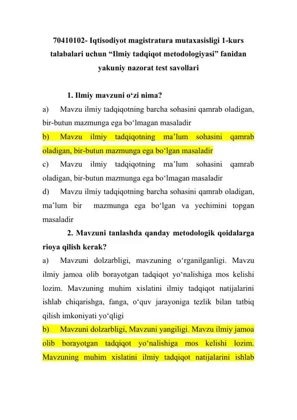 Ilmiy tadqiqot metodologiyasi fanidan yakuniy nazorat test savollari