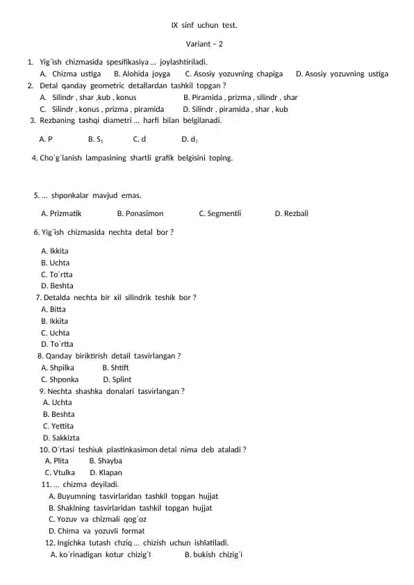 IX sinf uchun test Variant – 2
