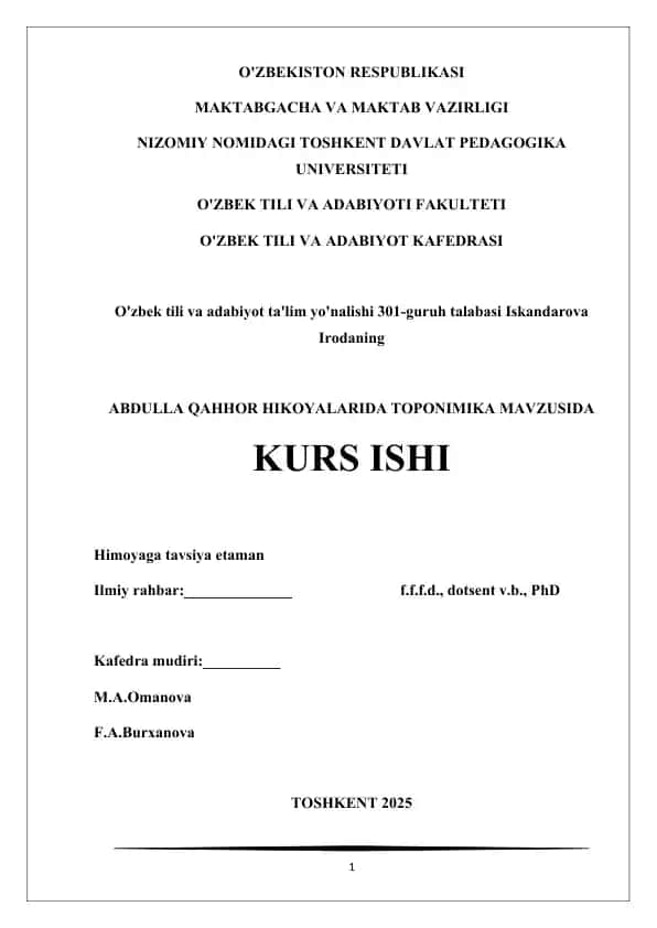 ABDULLA QAHHOR HIKOYALARIDA TOPONIMIKA MAVZUSIDA