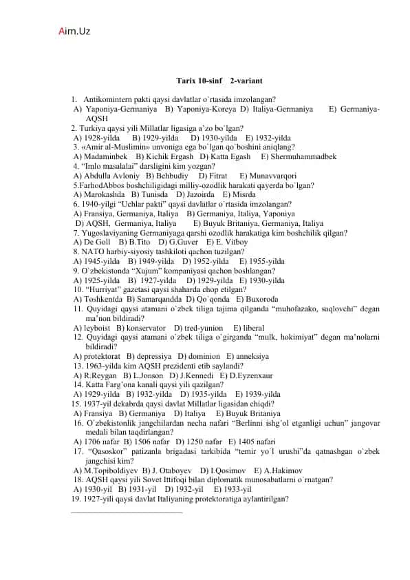 Tarix 10-sinf 2-variant test savollari va javoblari
