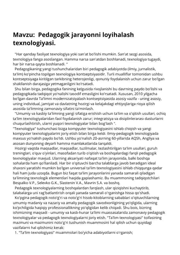 Pedagogik jarayonni loyihalash texnologiyasi