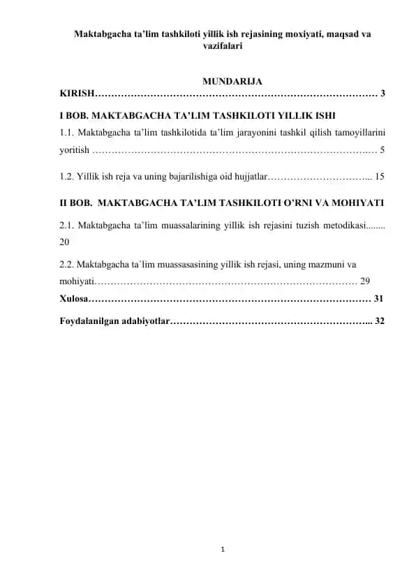 Maktabgacha ta’lim tashkiloti yillik ish rejasining moxiyati, maqsad va vazifalari