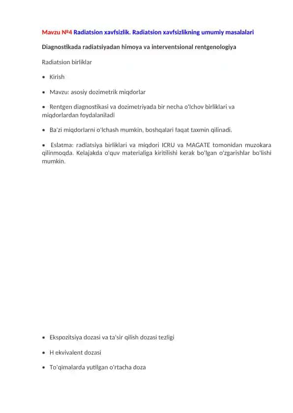 Radiatsion xavfsizlik. Radiatsion xavfsizlikning umumiy masalalari