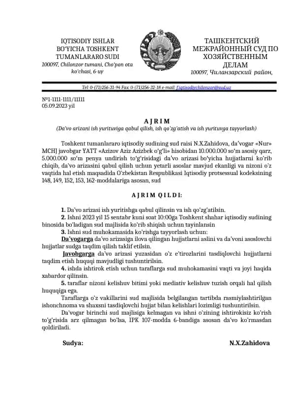Da’vo arizasi ish yurituviga qabul qilish, ish qo’zg’atish va ish yurituvga tayyorlash