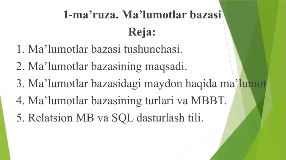 1-ma’ruza. Ma’lumotlar bazasi