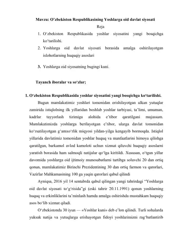 O'zbekiston Respublikasining Yoshlarga oid davlat siyosati