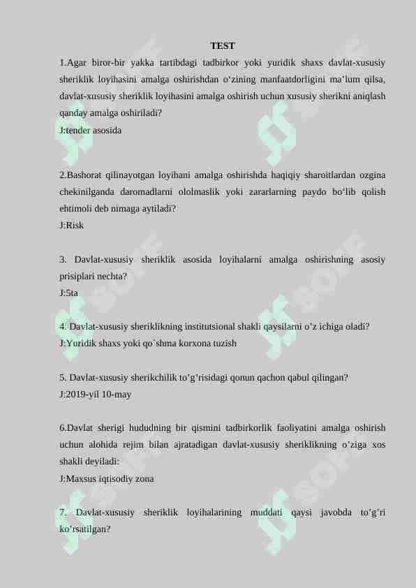 "Davlat Xususiy Sherikchilik" fanidan testlar Javobi