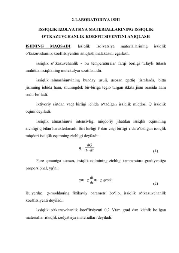 Issiqlik Izolyatsiya Materiallarining Issiqlik O‘tkazuvchanlik Koeffitsiyentini Aniqlash