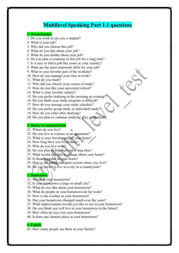 Multilevel Speaking Part 1.1 questions