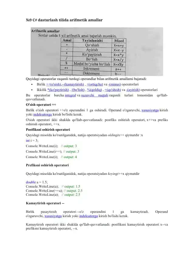 C# dasturlash tilida arifmetik amallar