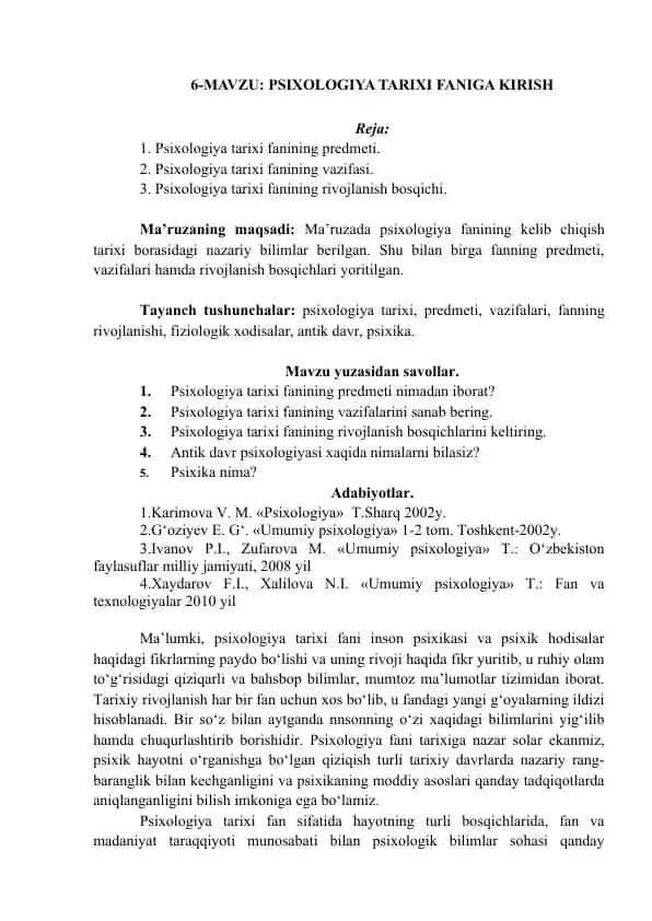Psixologiya Tarixi Faniga Kirish