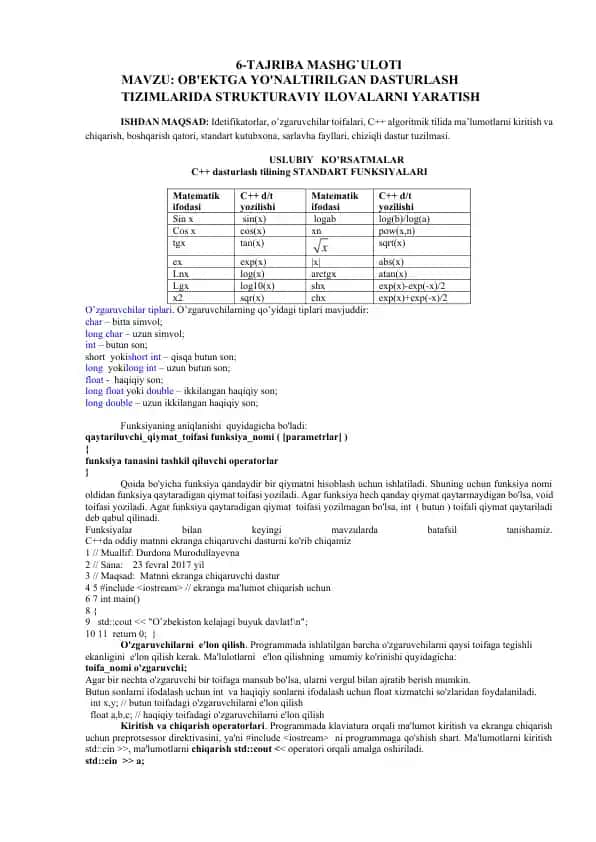 C++ dasturlash tilining STANDART FUNKSIYALARI
